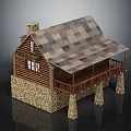 Log Cabin Architecture With Multi Colored Tiled Roof Stone Foundation And Wooden Porch