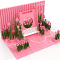 Pink Tulips In Vase With Decorative Floral Display And White Bench On Pink Background