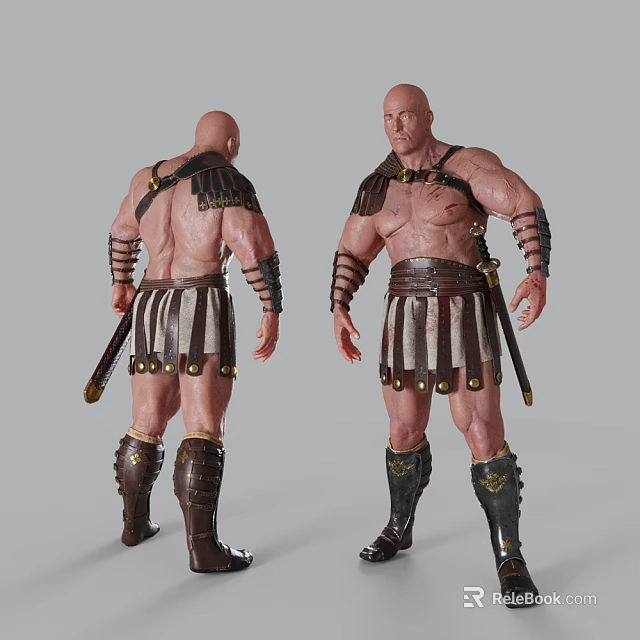 Bald Muscular Game Film Character With Gladiator Armor Wrist Guards Skirt Front And Back View 3d model 