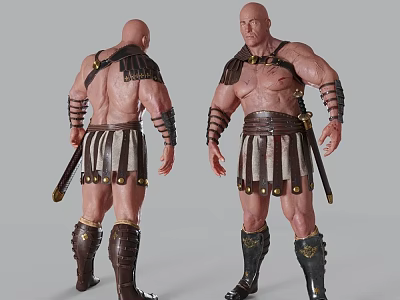 Bald Muscular Game Film Character With Gladiator Armor Wrist Guards Skirt Front And Back View 3d model