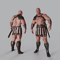 Bald Muscular Game Film Character With Gladiator Armor Wrist Guards Skirt Front And Back View
