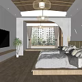Modern Hotel Room Interior With Double Beds Wooden Ceiling Pendant Lights TV And City View