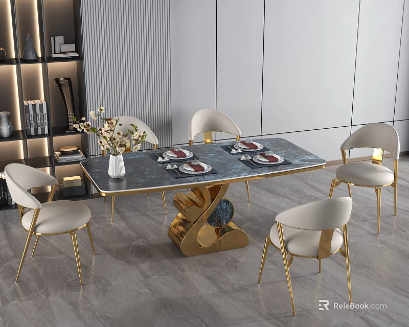 Elegant Modern Dining Table Set With Marble Top Gold Leg White Chairs Vase And Tableware 3d model