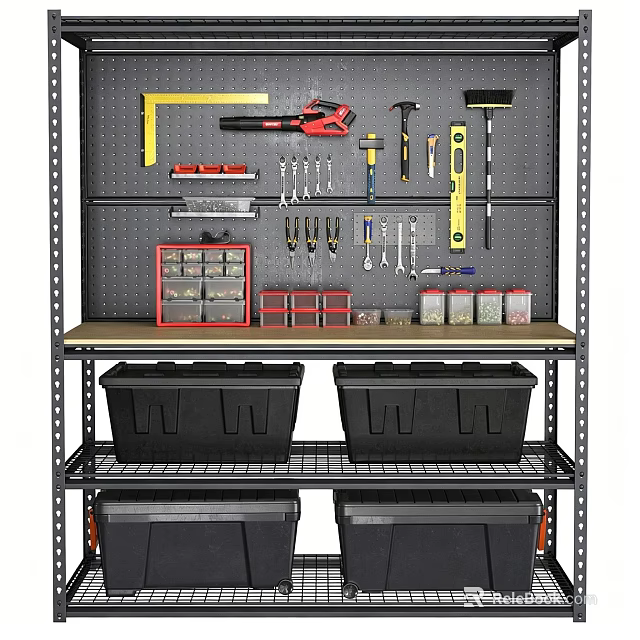 Organized Hardware Tools Storage Rack With Hanging Tools Toolboxes And Containers 3d model 