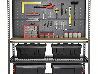 Organized Hardware Tools Storage Rack With Hanging Tools Toolboxes And Containers 3d model