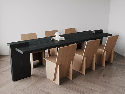 Modern Style Dining Table Set With Black Table And Light Wooden Chairs 3d model