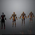 Women Wearing Different Armors Holding Weapons Standing In Gray Background Poses