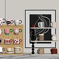 Various Decorative Cups with Different Patterns Displayed on Wooden Shelves in Home Decor