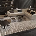 Modern White L Shaped Sofa and Glass Coffee Table Set with Black Cushions Striped Rug
