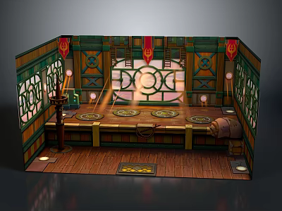 Traditional Chinese Interior Design With Wooden Decor Carved Windows Red Lanterns And Low Table 3d model