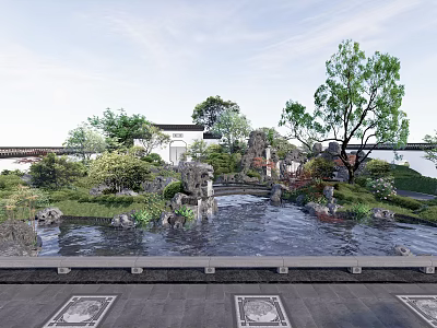 Elegant Traditional Garden With Rockery Stones Pond And Lush Green Plants 3d model