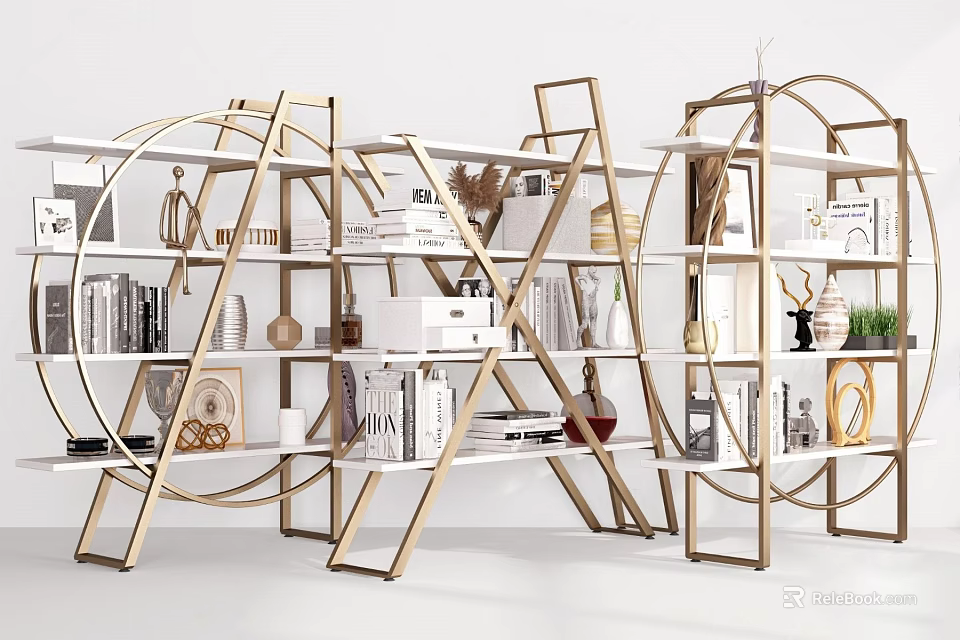 Elegant Modern Gold Frame Bookshelf With Multi Layer Shelves Books Decorations And Green Plants 3d model 
