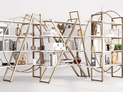 Elegant Modern Gold Frame Bookshelf With Multi Layer Shelves Books Decorations And Green Plants 3d model