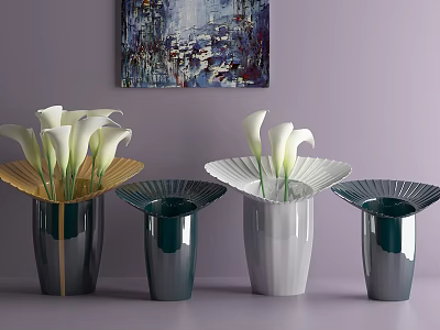 Modern Gold Green White Silver Vases with White Calla Lilies and Abstract Painting 3d model