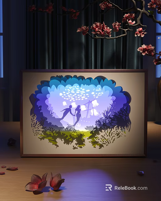 3D Paper Carving Decorative Light Featuring Ocean Scene Silhouette Figures And Blue Purple Gradient 3d model 