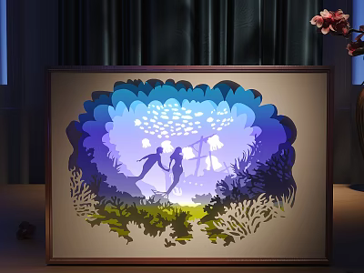 3D Paper Carving Decorative Light Featuring Ocean Scene Silhouette Figures And Blue Purple Gradient 3d model
