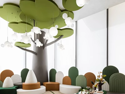 Kids Room Interior Design With Green Tree Shaped Decor Colorful Seats And White Pendant Lights 3d model