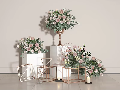 Geometric Metal Vases With Pink And White Flowers Eucalyptus Leaves In Minimalist Interior Setting 3d model