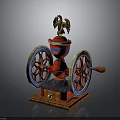 Vintage Electrical Appliance Featuring Red Body Golden Eagle And Blue Red Wheels On Wooden Base