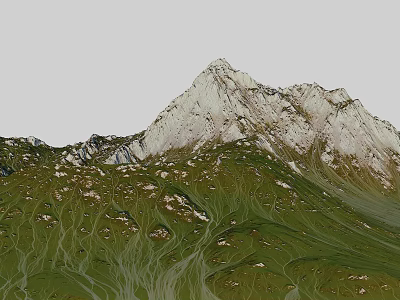 Garden Landscape with White Mountain Peak and Green Grassland and Scattered White Flowers 3d model