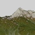 Garden Landscape with White Mountain Peak and Green Grassland and Scattered White Flowers