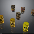 Rusted Radioactive Barrels With Radiation Symbols On Reflective Dark Surface