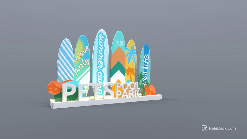 Vibrant Pets Pool Park with Colorful Surfboards Summer Party Beach Decor and Playful Elements 3d model 