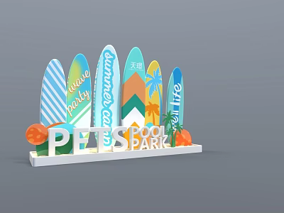 Vibrant Pets Pool Park with Colorful Surfboards Summer Party Beach Decor and Playful Elements 3d model