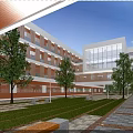 Modern School Building With Red Brick White Exterior Glass Wall Central Courtyard Students Walking Trees And Lawns