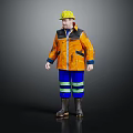 Worker Wearing Yellow Hard Hat Orange Jacket Blue Pants with Green Stripes and Black Boots