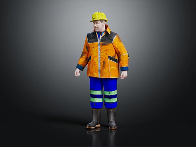 Worker Wearing Yellow Hard Hat Orange Jacket Blue Pants with Green Stripes and Black Boots 3d model