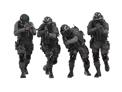 Special Forces Operators In Black Tactical Gear Advancing Together With Weapons 3d model
