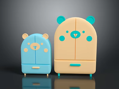Cute Bear Shaped Kids Furniture Set with Drawers Wheels Blue and Beige Colors 3d model