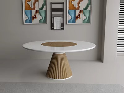 Modern Dining Room Featuring Round White Table With Wooden Pleated Leg And Framed Wall Art 3d model