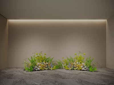 Natural Floral Display with Beige Wall Bottom Lighting Gray Marble Floor Yellow Green White Flowers 3d model