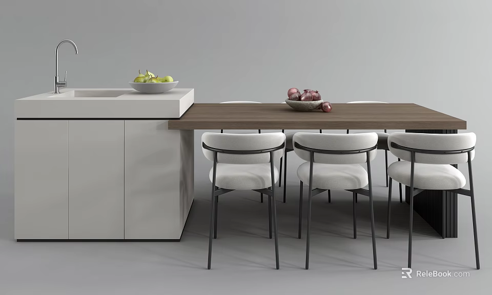 Modern Dining Table Set With White Cabinets Sink Faucet And Fruit Bowl Chairs 3d model 
