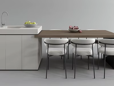 Modern Dining Table Set With White Cabinets Sink Faucet And Fruit Bowl Chairs 3d model