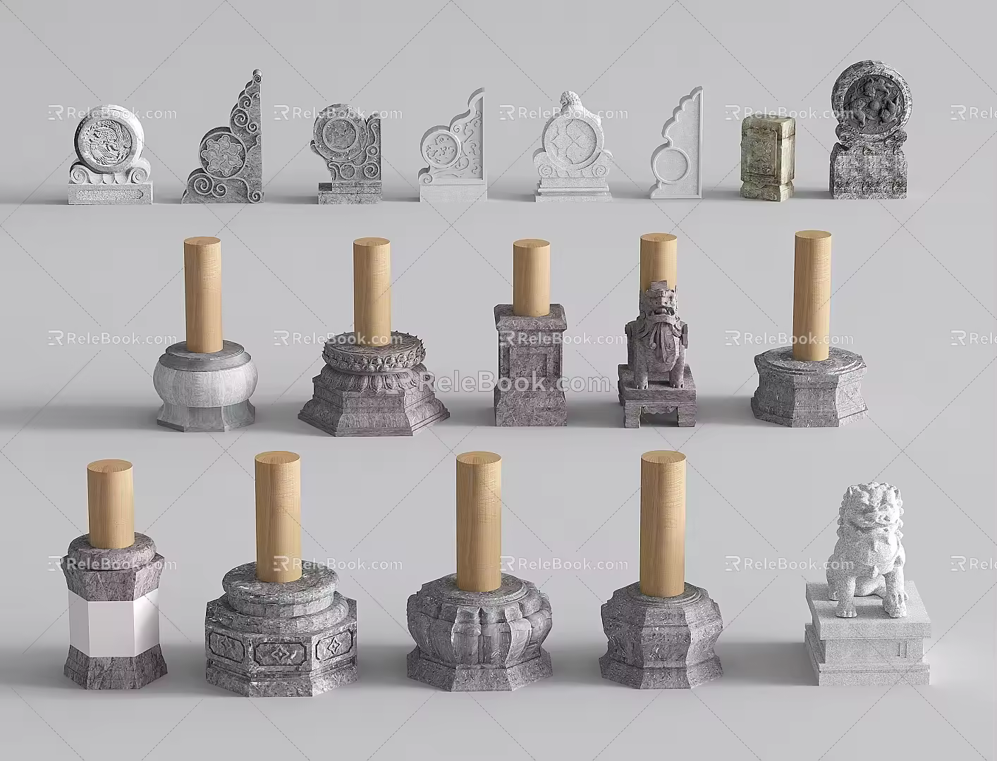 Chinese Style Column Foundation Column Foundation Stone Pillar Pier Stone Drum Lion 3d model