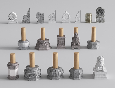 Chinese Style Column Foundation Column Foundation Stone Pillar Pier Stone Drum Lion 3d model