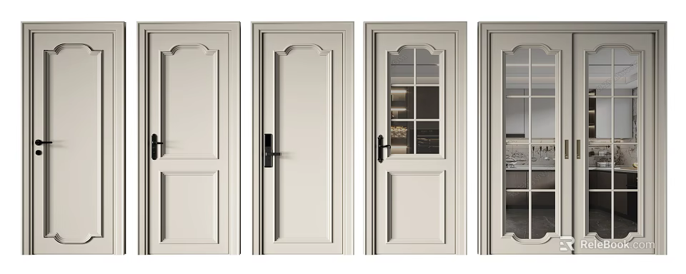 Various Styles Of Light Colored Hinged Doors Featuring Glass Panels And Paneled Designs 3d model 