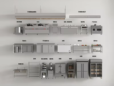 Various Kitchen Equipment Including Range Hoods Stoves Sinks Worktables Cabinets Steam Ovens And Refrigerators 3d model
