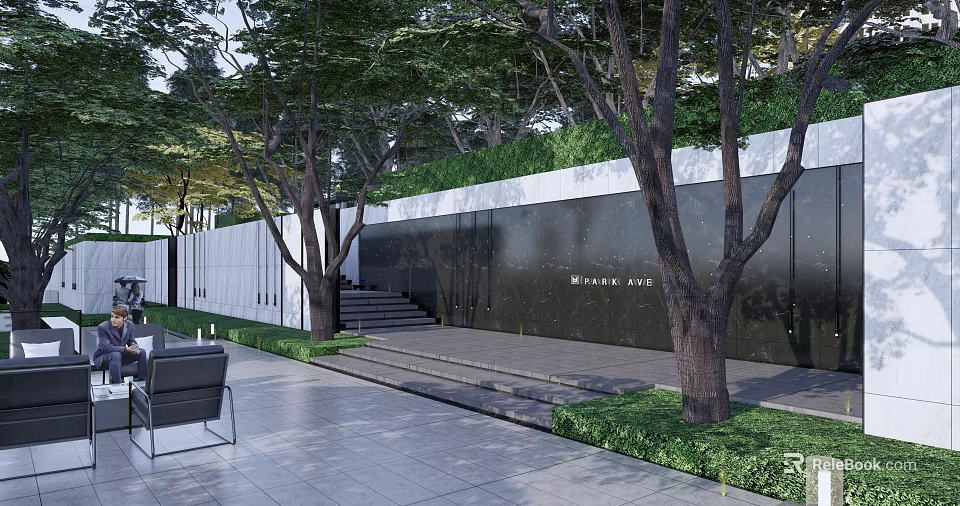 Residential Landscape With Trees White Wall Steps Green Lawn Gray Pavement And Black Chairs 3d model 