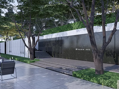 Residential Landscape With Trees White Wall Steps Green Lawn Gray Pavement And Black Chairs 3d model