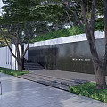 Residential Landscape With Trees White Wall Steps Green Lawn Gray Pavement And Black Chairs