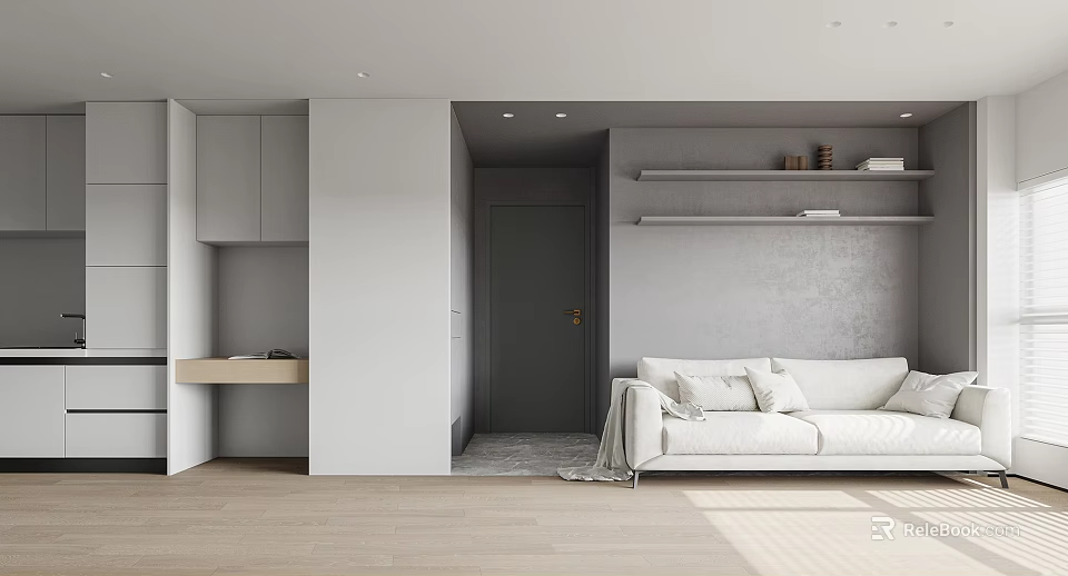 Modern Minimalist Apartment Open Living Room With White Sofa Gray Walls Bookshelves And Natural Light 3d model 