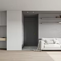 Modern Minimalist Apartment Open Living Room With White Sofa Gray Walls Bookshelves And Natural Light