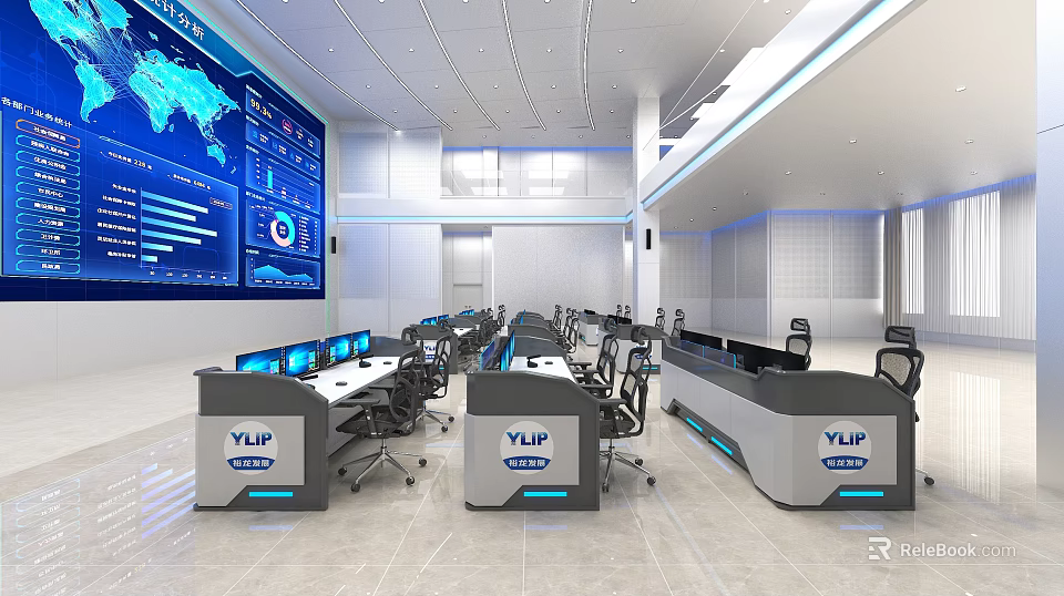 Modern Control Room Interior With Data Visualization Screens And Control Consoles 3d model