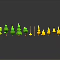 Colorful Cartoon Scene With Green And Yellow Trees Different Sizes And Reflections On Dark Background
