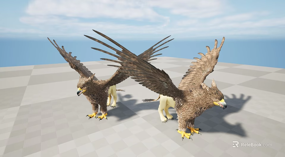 Two Griffin Figures Standing On Checkerboard Floor With Blue Sky And Ocean 3d model 