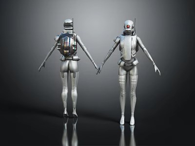Two Intelligent Silver Robots Standing And Holding Hands On Dark Reflective Surface 3d model
